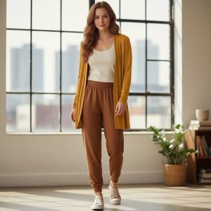 Iman Cardigan- Mustard Open Front Ribbed Knit w Pockets- Size Large EUC